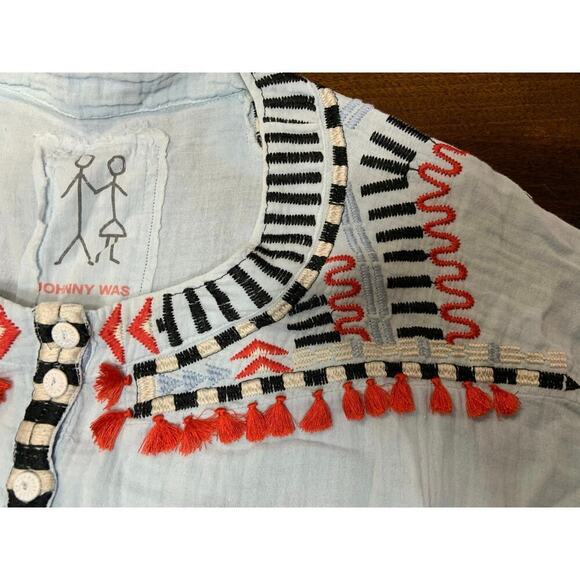 Johnny Was Embroidered Southwestern Boho Hippie Gauzy Top Women Medium Tassle - Picture 10 of 12